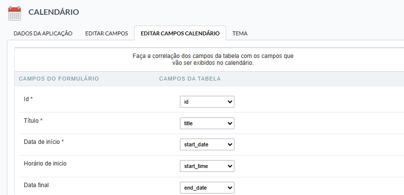 Lista de campos no processo de criação do calendário
