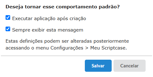Caixa de diálogo para definir o comportamento padrão de execução da consulta após a criação