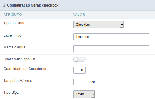 Interface de configuração do campo checkbox.