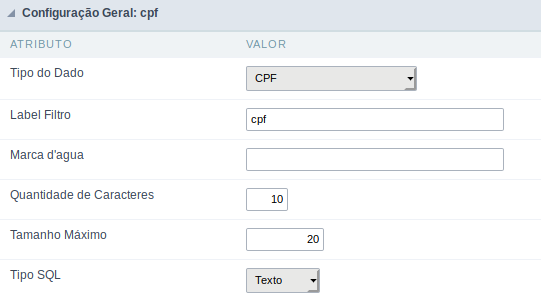 Interface de configuração do campo cpf.