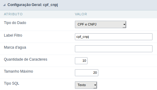 Interface de configuração do campo cpf e cnpj.