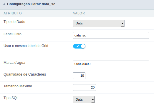 Interface de configuração do campo data.