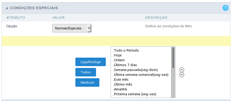 Interface de condições especiais do campo data.