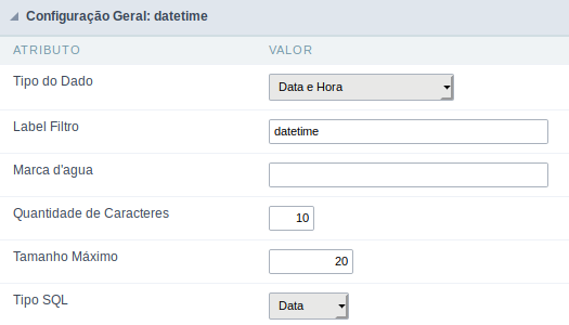 Interface de configuração do campo data e hora.