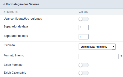 Interface de formatação dos valores do campo data.