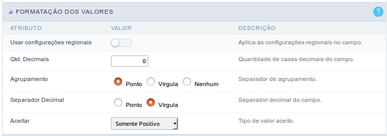 Interface de configuração de formatação do campo número auto complete.