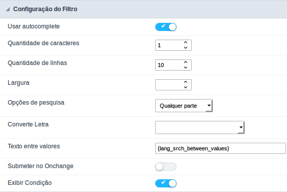 Interface de configuração do filtro do campo número.