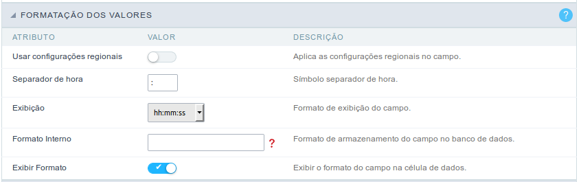 Interface de formatação dos valores do campo hora.