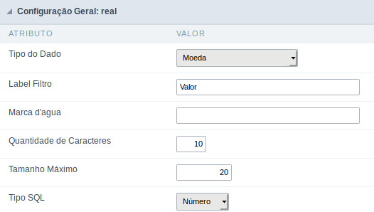 Interface de configuração do campo moeda.