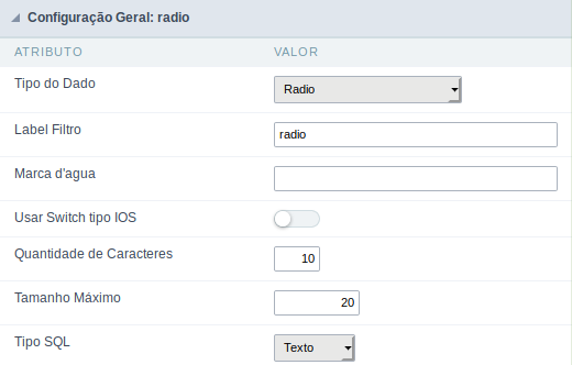 Interface de configuração do campo checkbox.