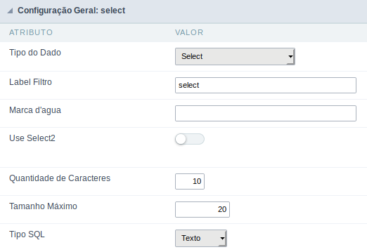 Interface de configuração do campo select.