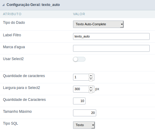 Interface de configuração do campo texto auto complete.