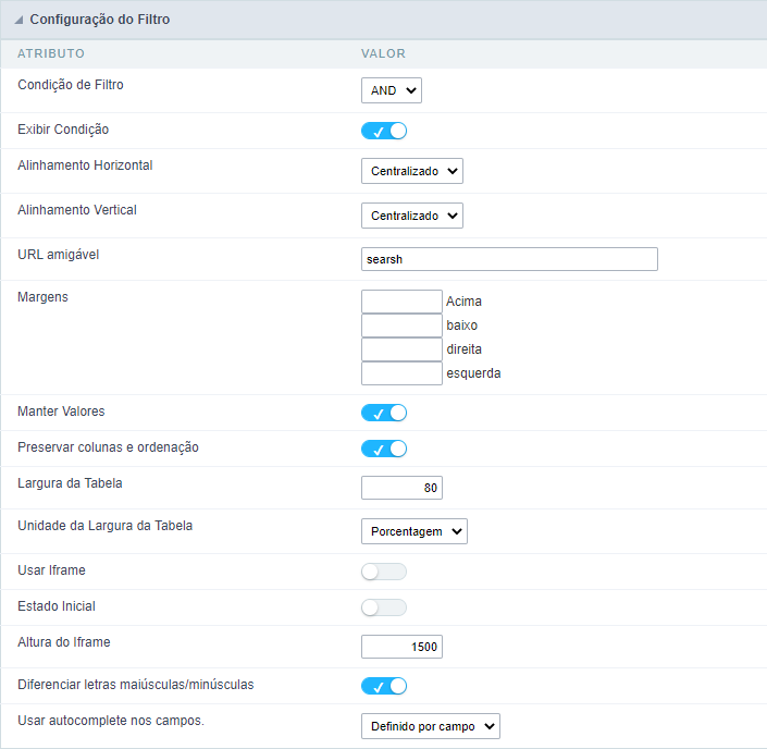 Interface Configuração do Filtro.