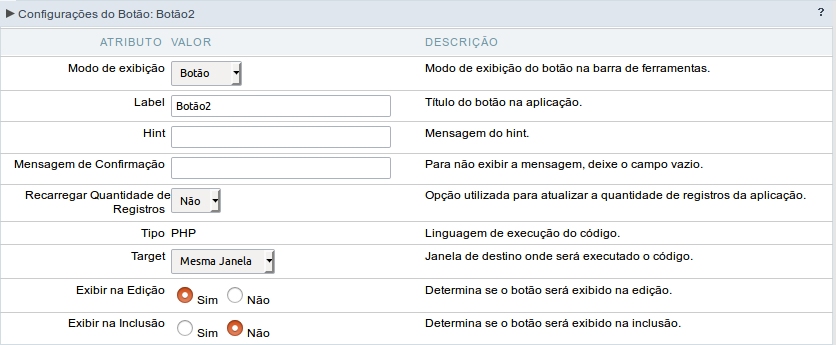 Configuração do modo de exibição do tipo Botão do botão PHP.