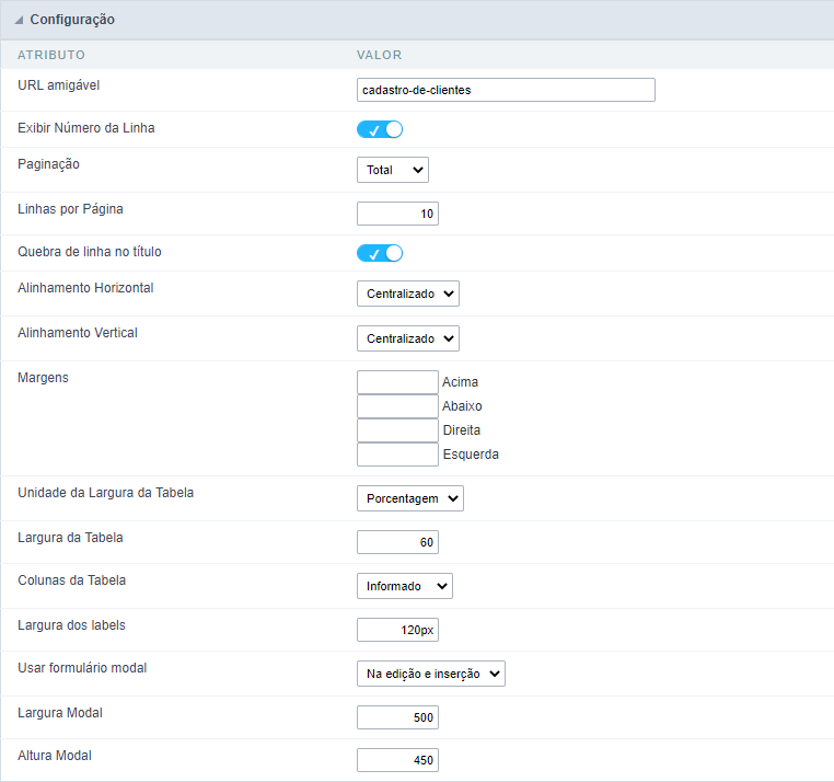 Interface de configuração.