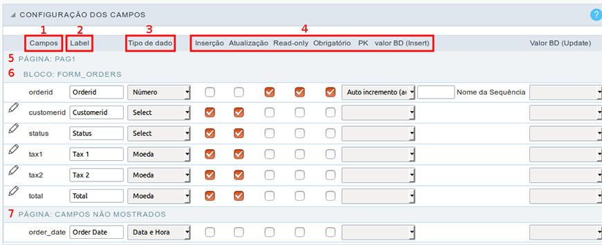 Interface para configuração dos campos.