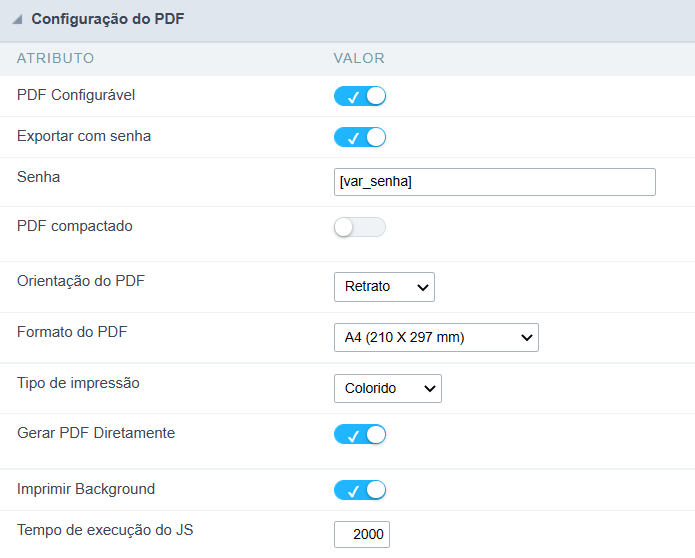 Configuração de exportação do PDF