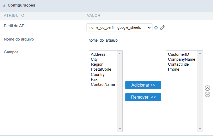 tela de Configuração Google Sheets