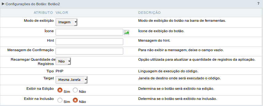 Configuração do modo de exibição do tipo Imagem do botão PHP.