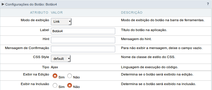 Configuração do modo de exibição do tipo Link do botão Ajax.