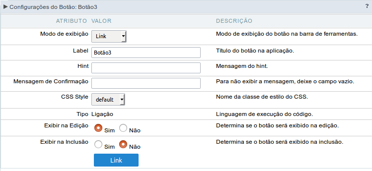 Configuração do modo de exibição do tipo Link do botão de Ligação.