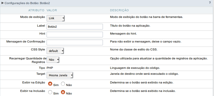 Configuração do modo de exibição do tipo Link do botão PHP.