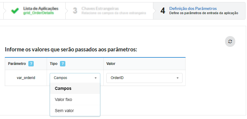 Interface para configurar os parâmetros da ligação.