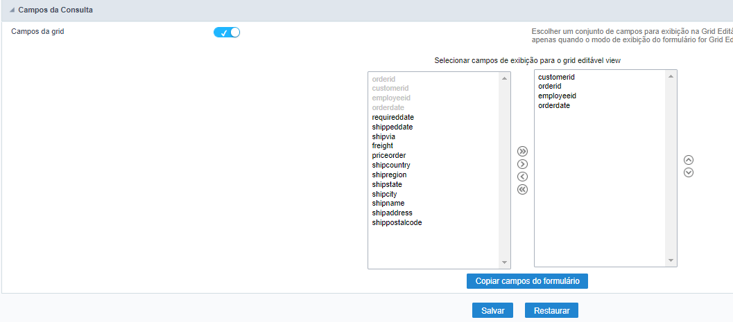 Configuração geral de posicionamento dos campos da consulta no formulário grid editável view