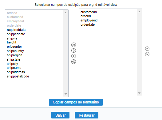 Configuração geral de posicionamento dos campos da consulta no formulário grid editável view