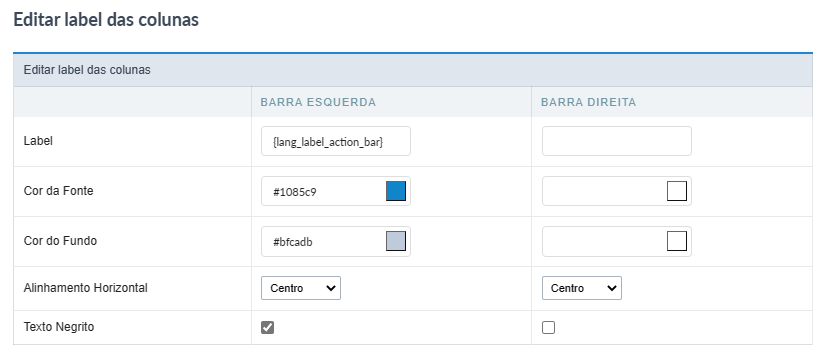 Tela de configuração da label da barra de ação