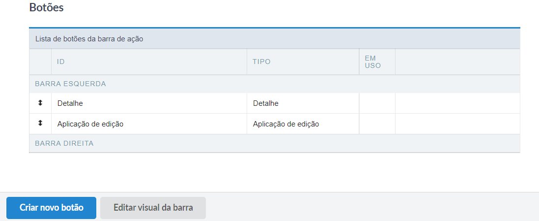 Lista de botões da barra de ação