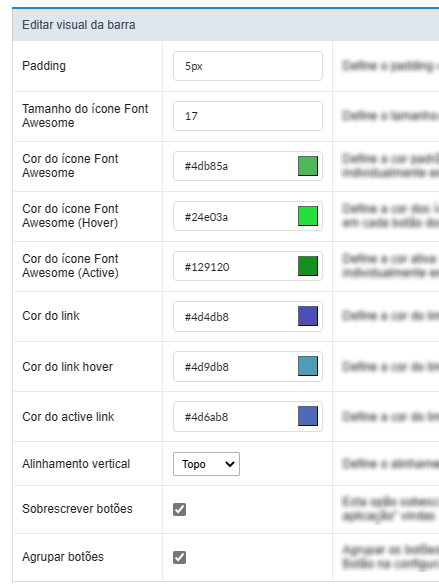 Configurações geral do visual dos botões de ação