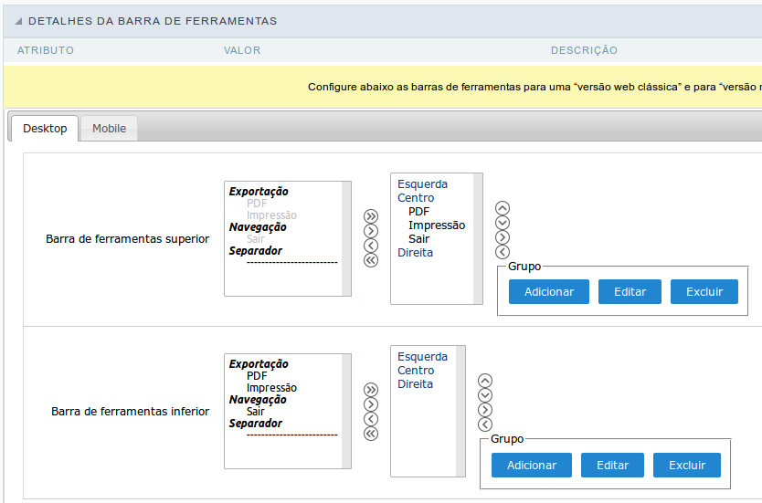 Configuração dos botões que serão exibidos no detalhe