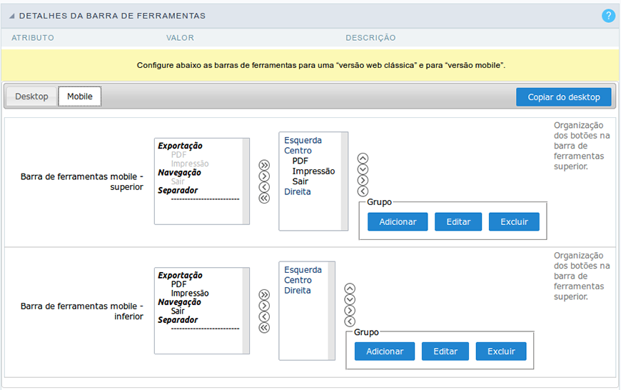 Configuração dos botões que serão exibidos no detalhe