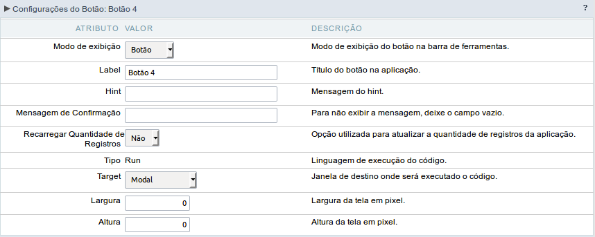 Configuração do modo de exibição do tipo Botão do botão RUN na consulta