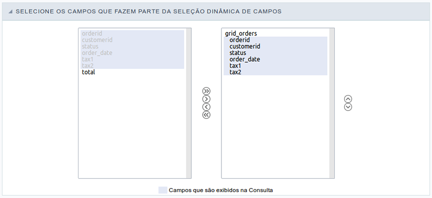 Configuração das colunas da consulta