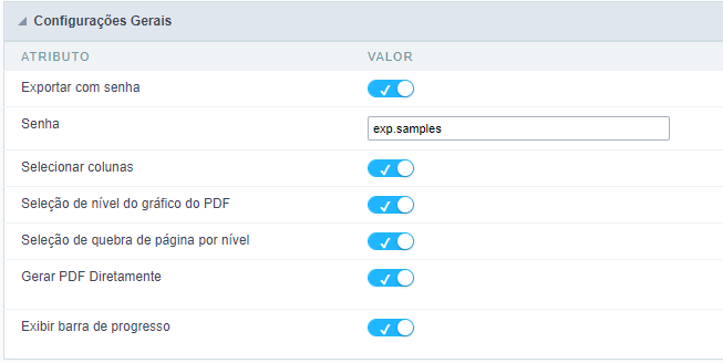 Configuração de exportação PDF da consulta