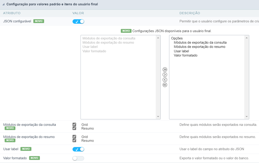 Configuração de exportação JSON da consulta