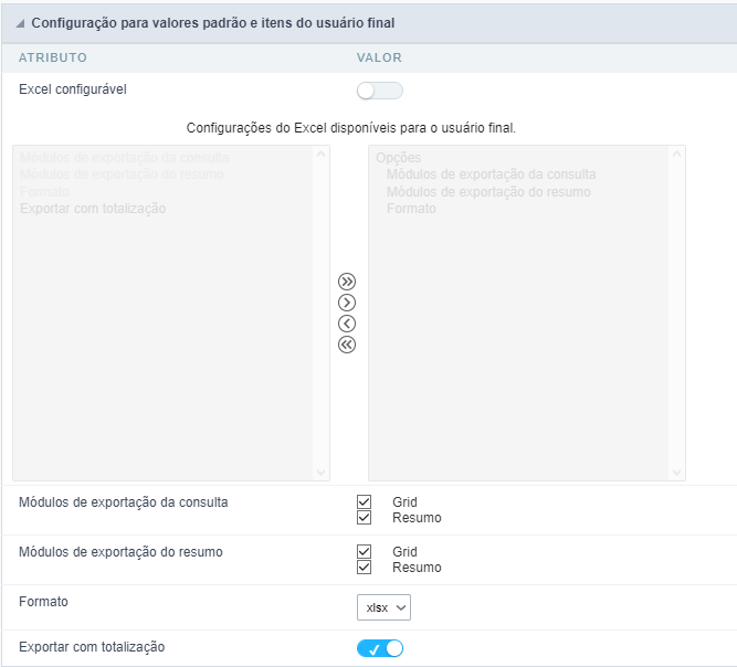 Configuração de exportação XLS da consulta