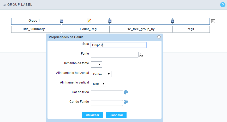 Edição de propriedades da célula do group label