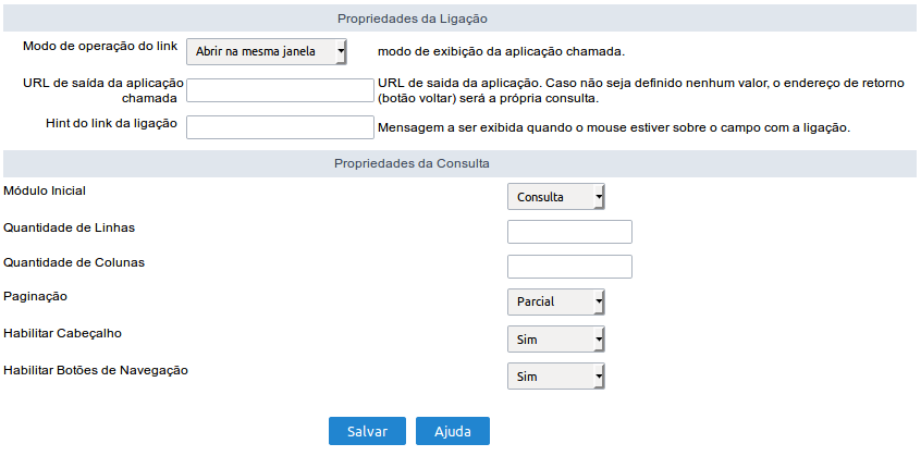 Configuração da escolha das propriedades do botão de ligação.