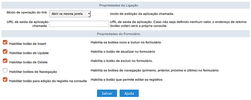 Configuração da escolha das propriedades do botão de ligação.