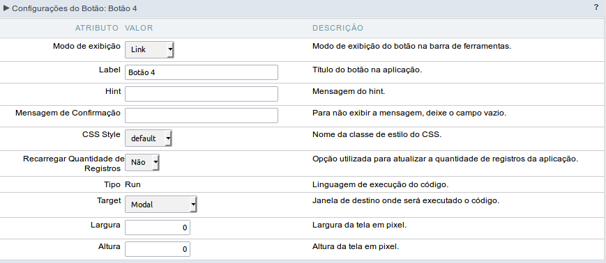 Configuração do modo de exibição do tipo Link do botão RUN na consulta