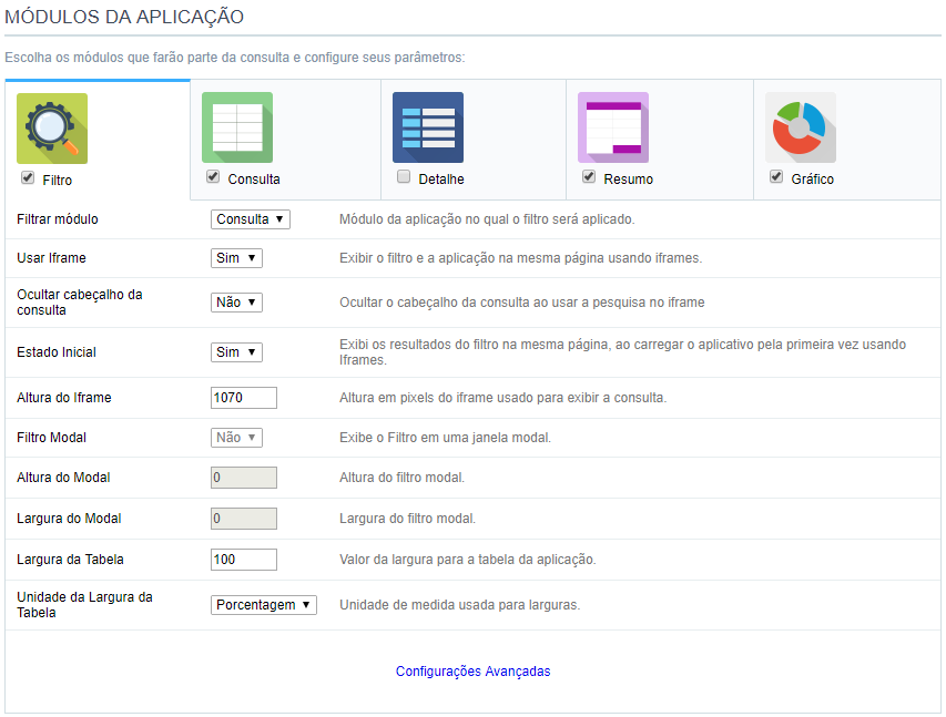 Configurações do Filtro da Consulta