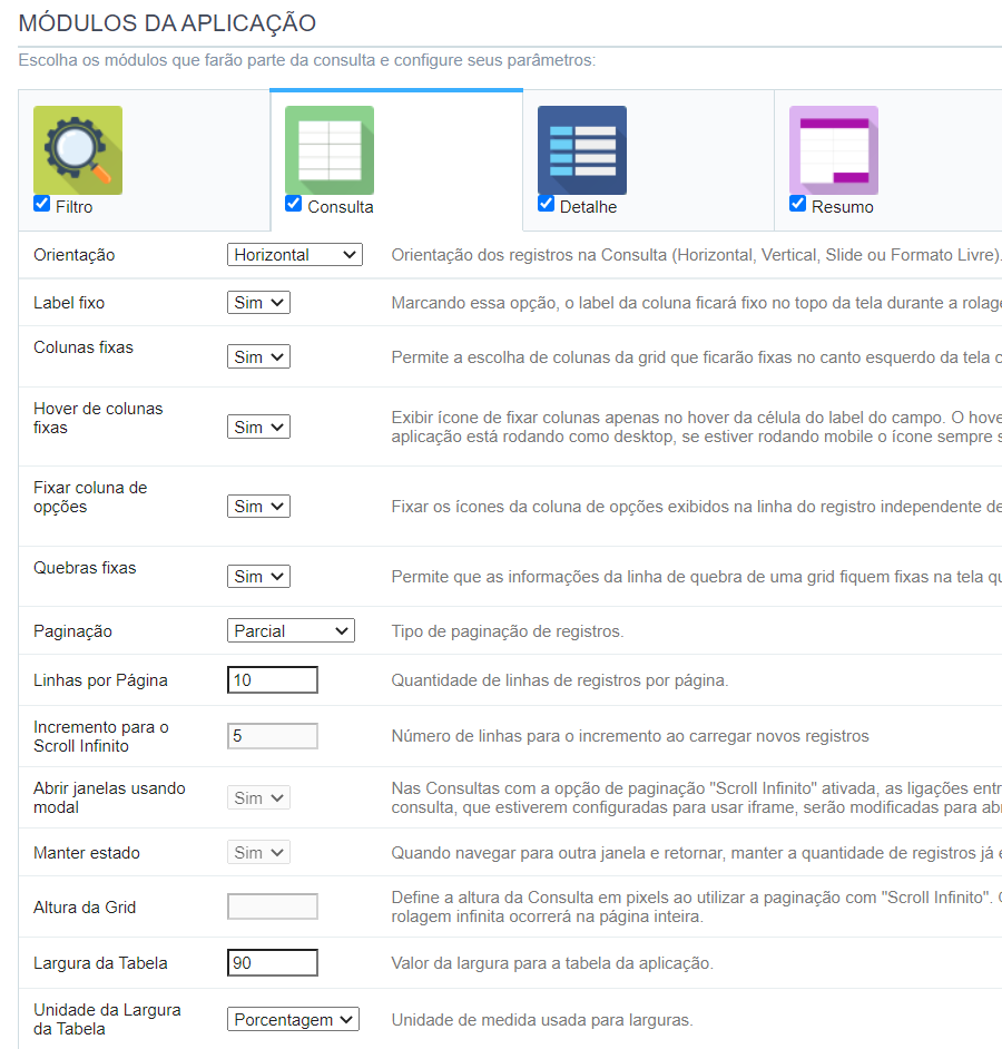 Configurações da Consulta