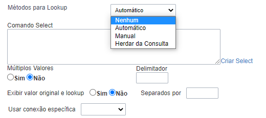 Opções do lookup dos campos na querba