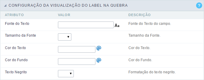 Interface Configuração da Visualização Label na Quebra