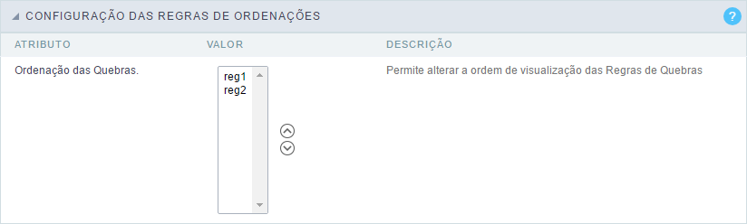 Interface das regras de ordenação da Quebra Estática.