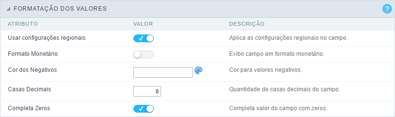 Formatação dos Valores dos campos moeda