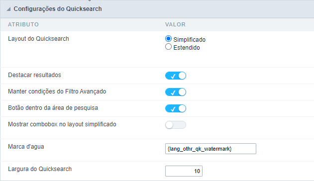 Interface de configuração do QuickSearch.